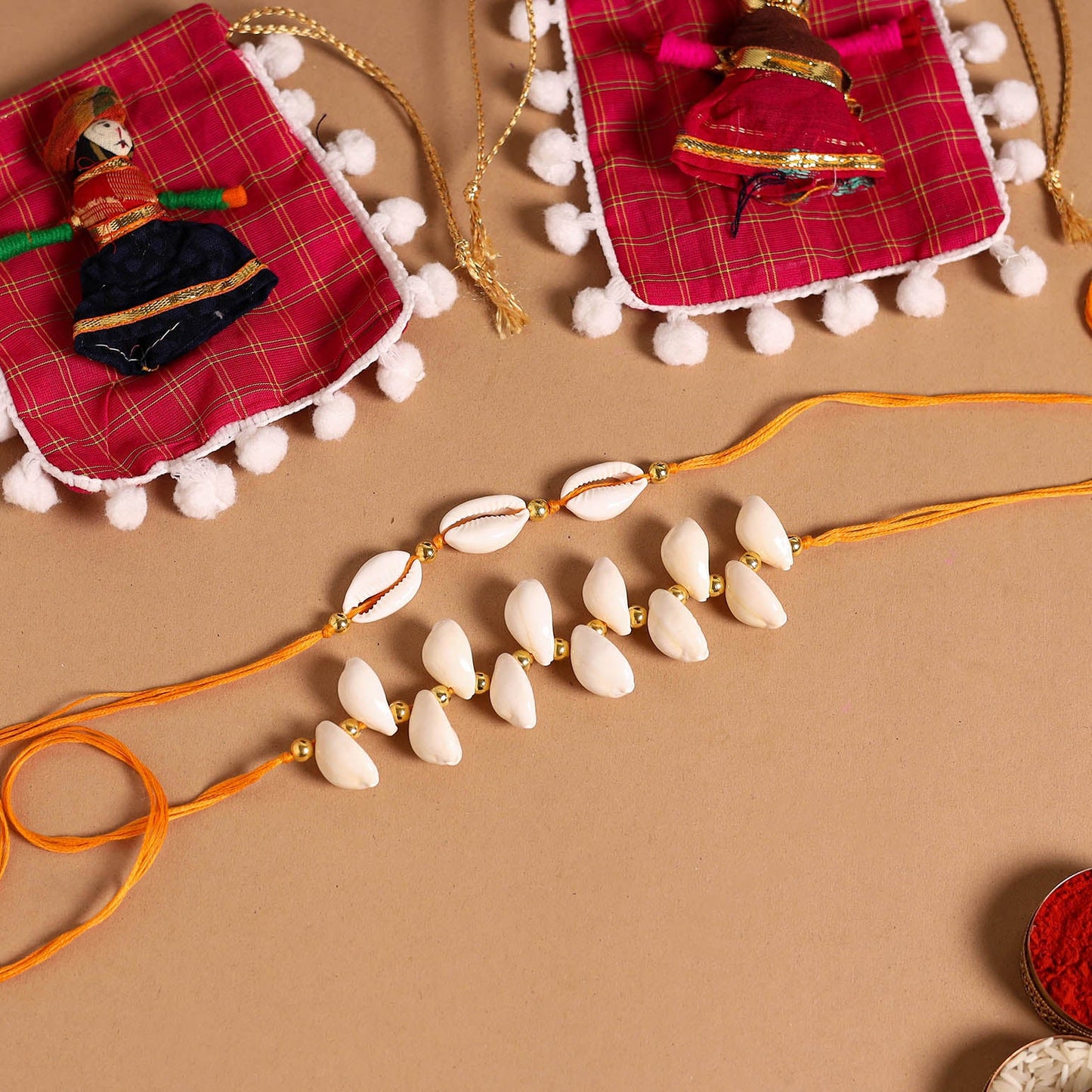Handmade Shell & Bead Work Rakhi & Lumba Set