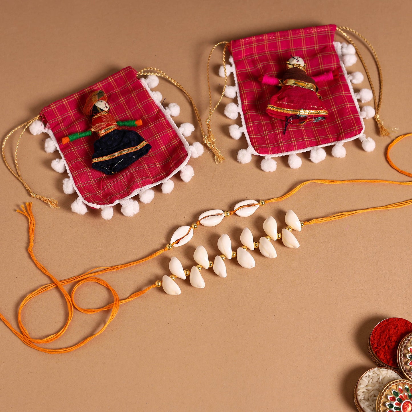 Handmade Shell & Bead Work Rakhi & Lumba Set