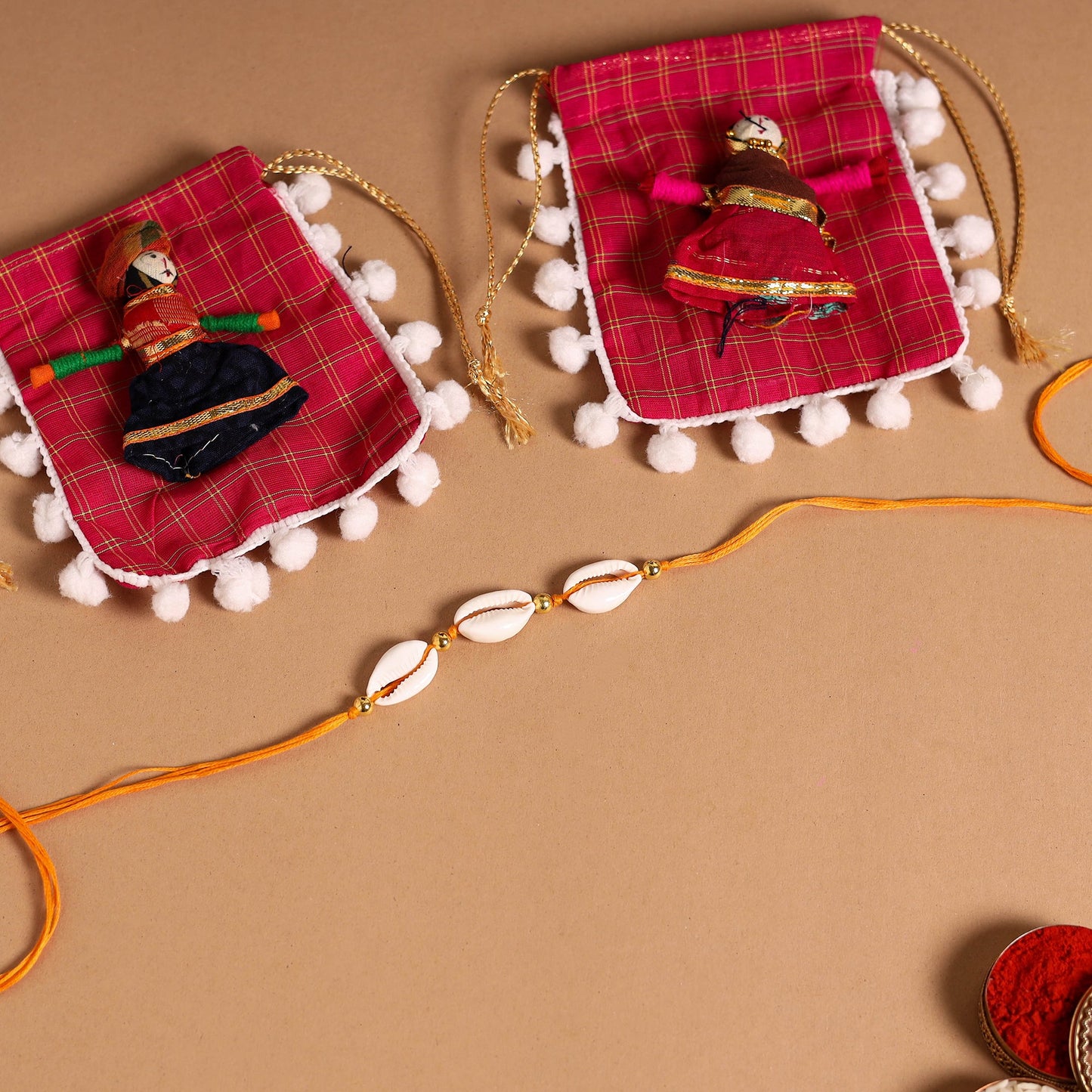 Handmade Shell & Bead Work Rakhi & Lumba Set
