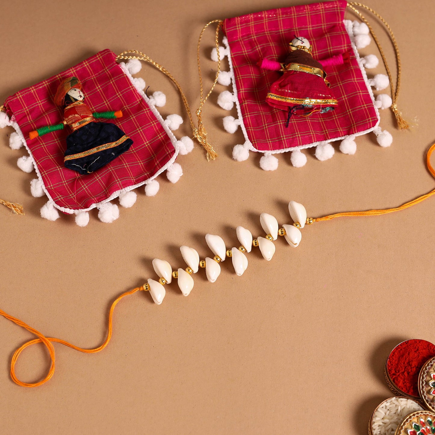 Handmade Shell & Bead Work Rakhi & Lumba Set