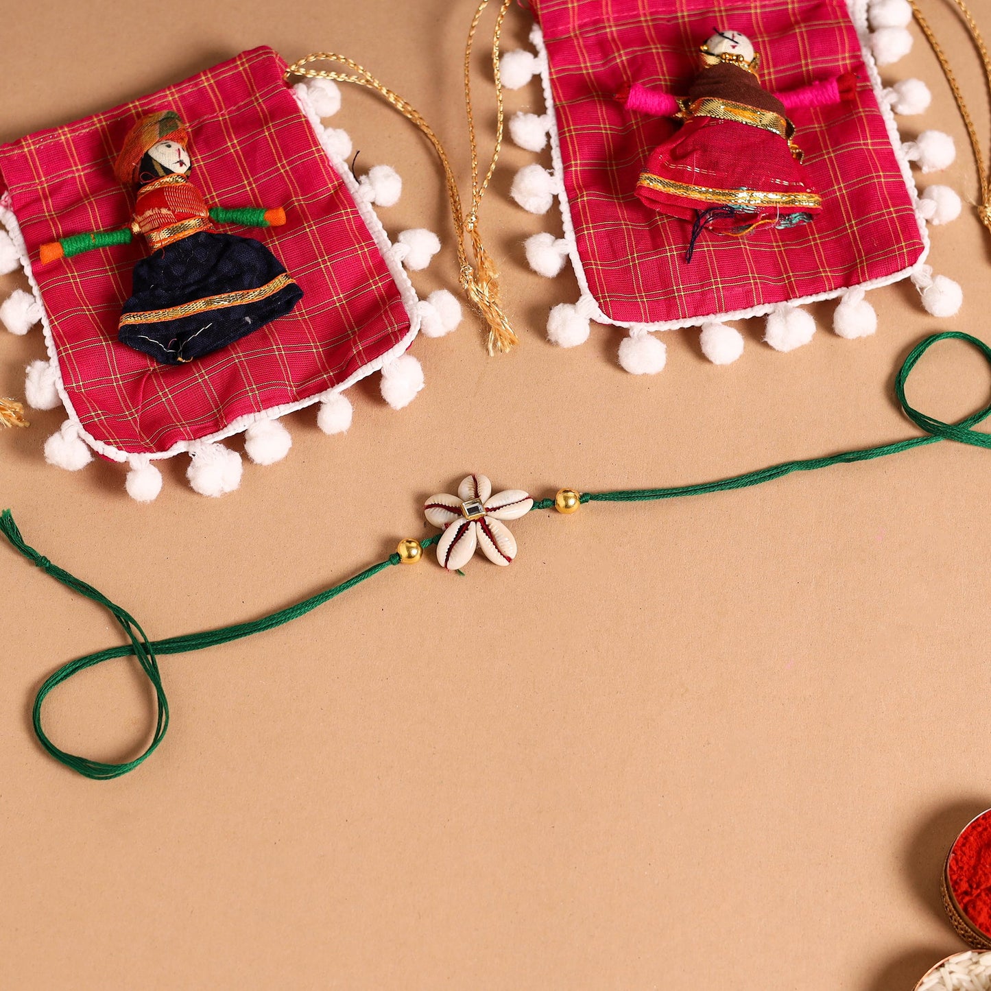 Handmade Shell & Bead Work Rakhi & Lumba Set