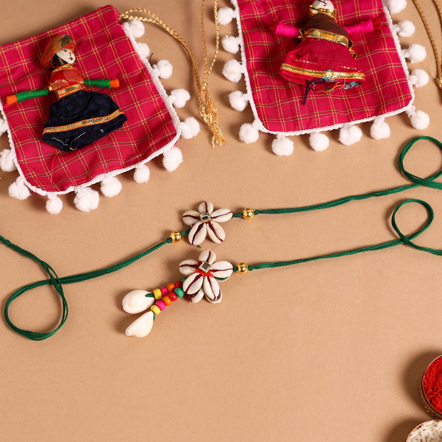 Handmade Shell & Bead Work Rakhi & Lumba Set