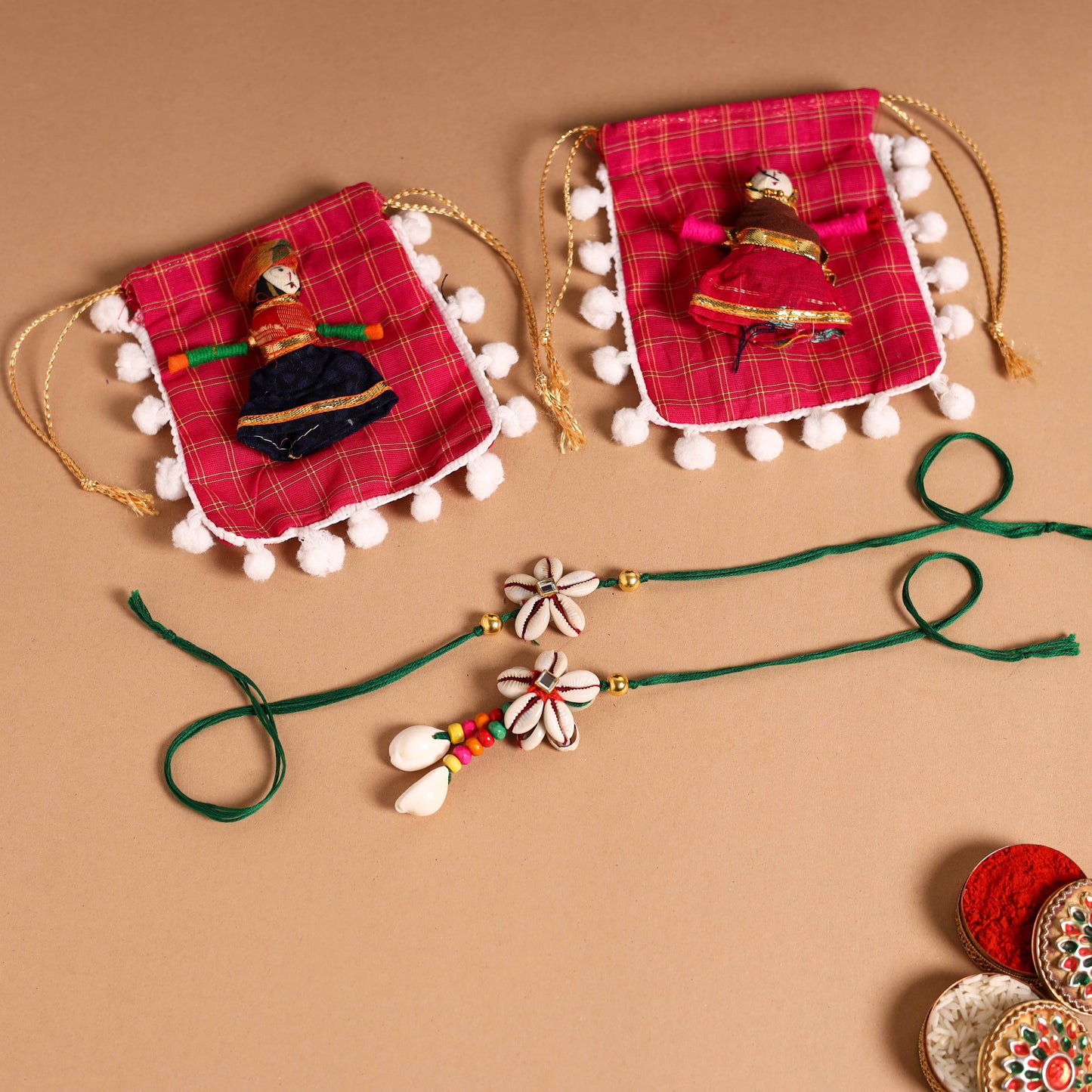 Handmade Shell & Bead Work Rakhi & Lumba Set