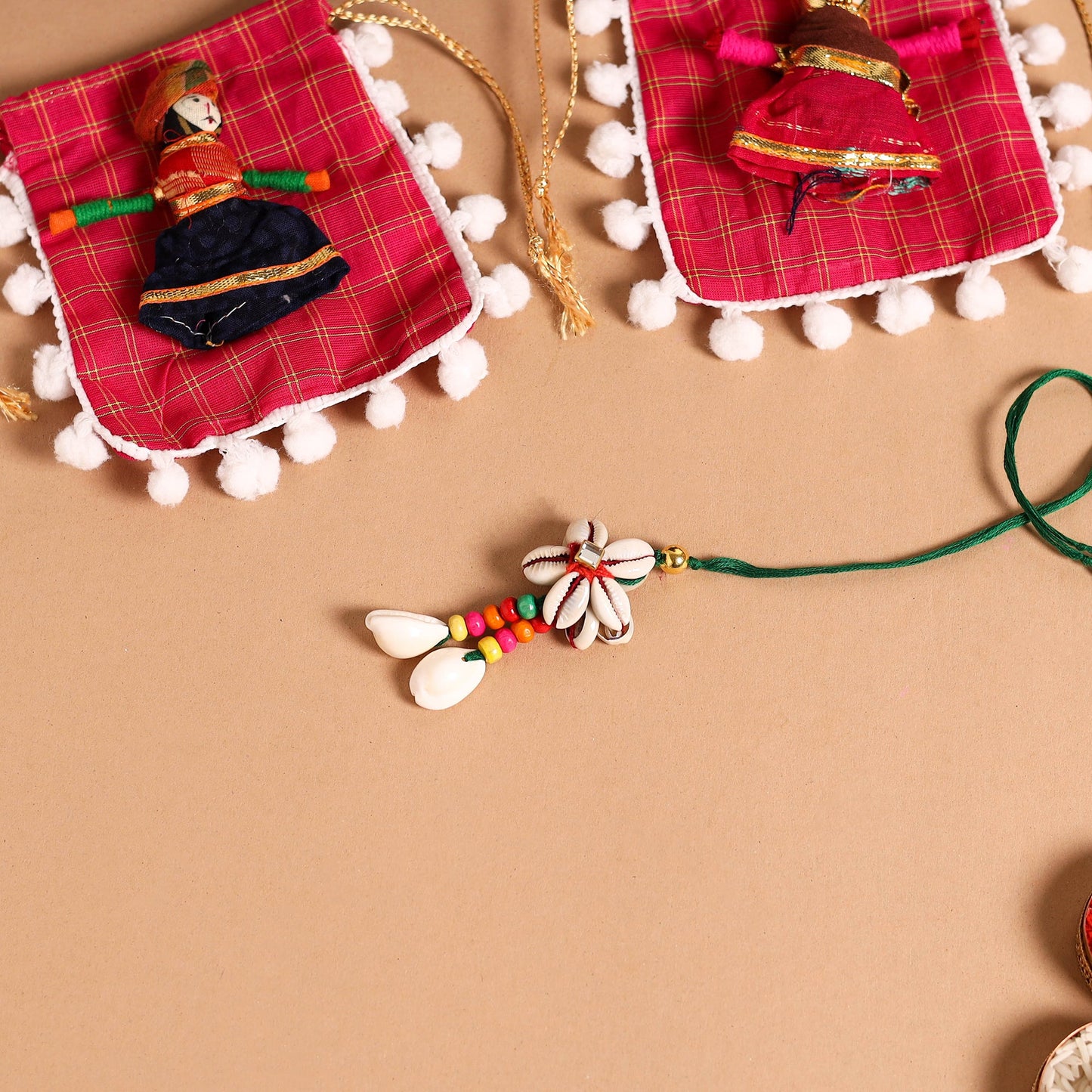 Handmade Shell & Bead Work Rakhi & Lumba Set