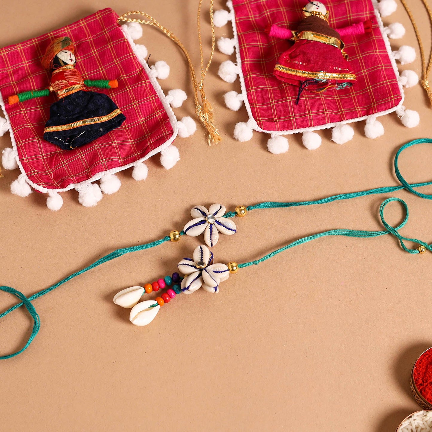 Handmade Shell & Bead Work Rakhi & Lumba Set