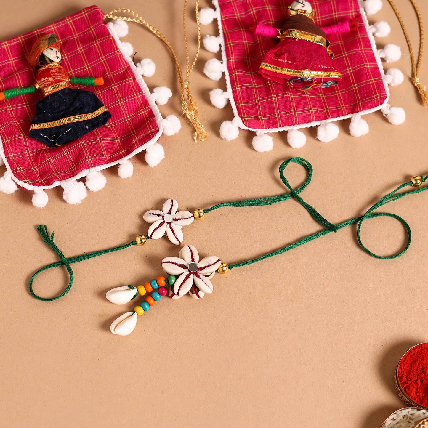 Handmade Shell & Bead Work Rakhi & Lumba Set