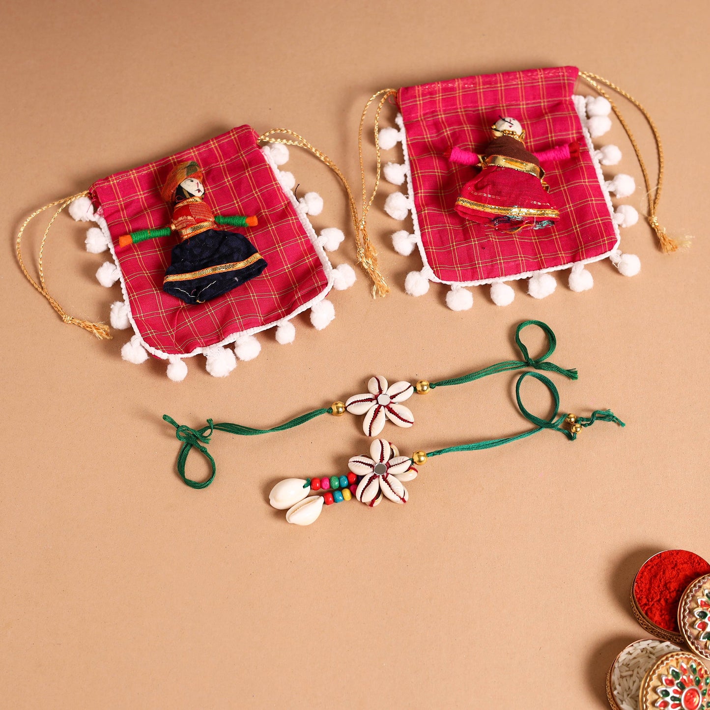 Handmade Shell & Bead Work Rakhi & Lumba Set