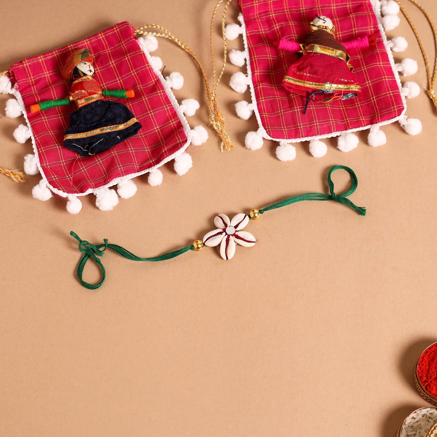 Handmade Shell & Bead Work Rakhi & Lumba Set