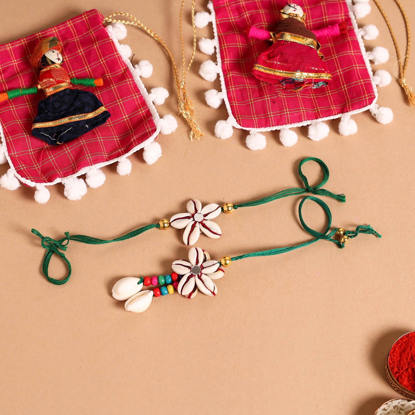 Handmade Shell & Bead Work Rakhi & Lumba Set