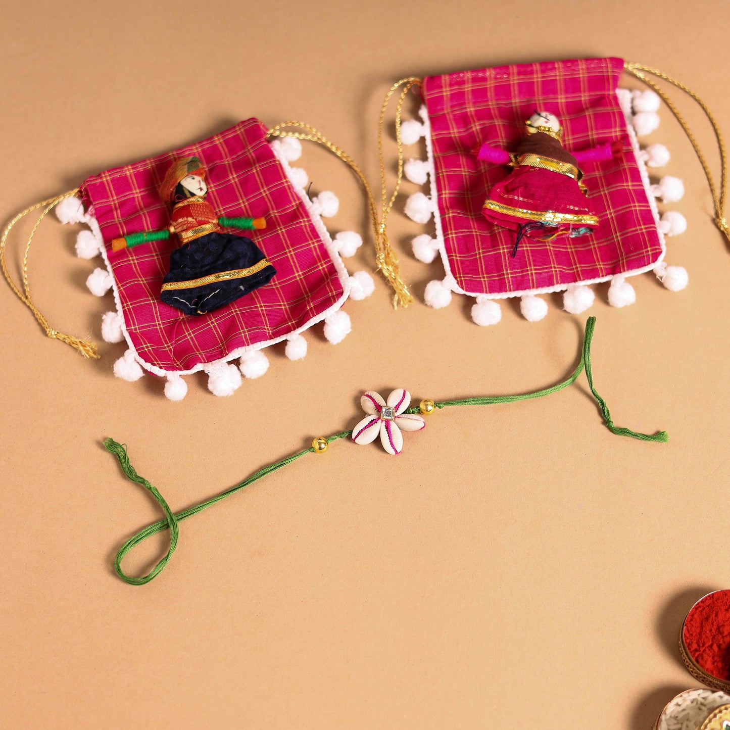 Handmade Shell & Bead Work Rakhi & Lumba Set
