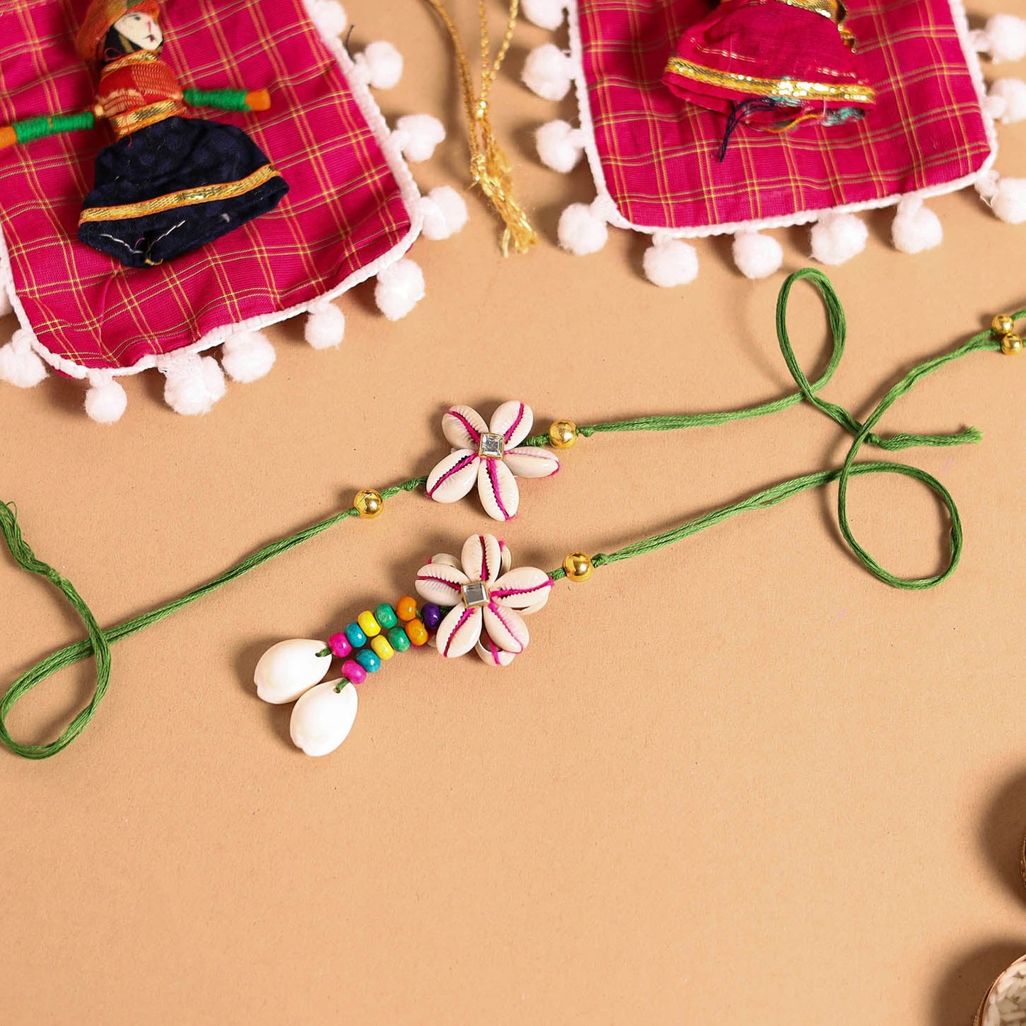 Handmade Shell & Bead Work Rakhi & Lumba Set