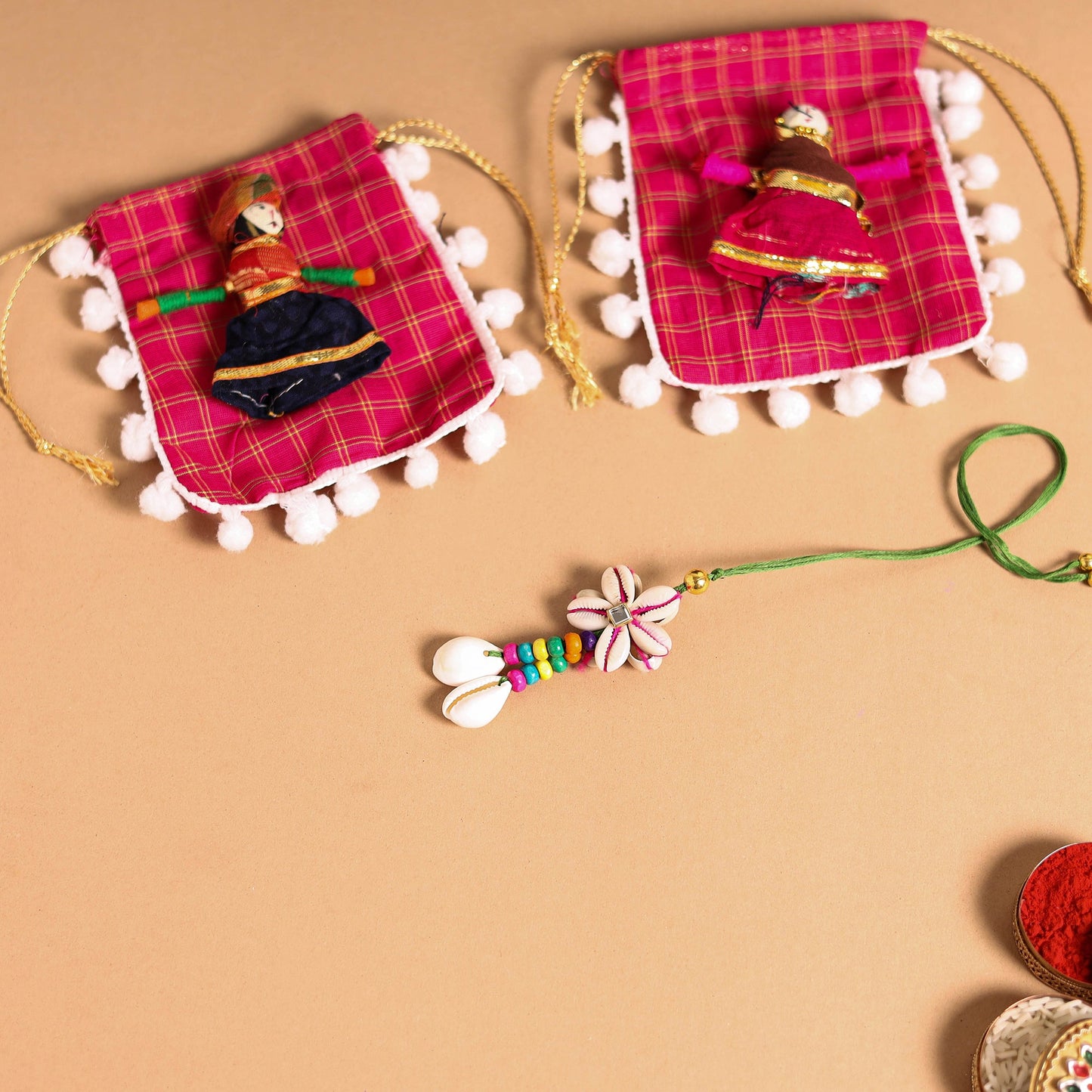 Handmade Shell & Bead Work Rakhi & Lumba Set