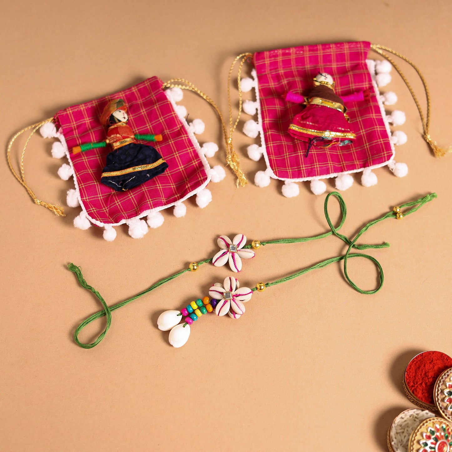 Handmade Shell & Bead Work Rakhi & Lumba Set