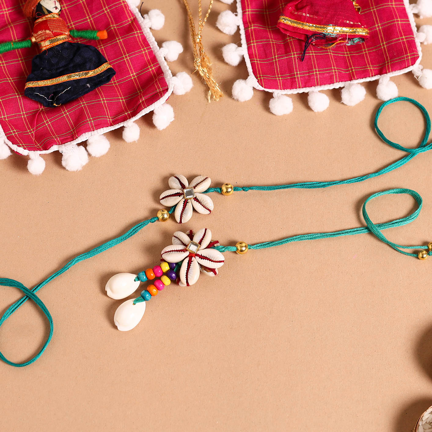 Handmade Shell & Bead Work Rakhi & Lumba Set