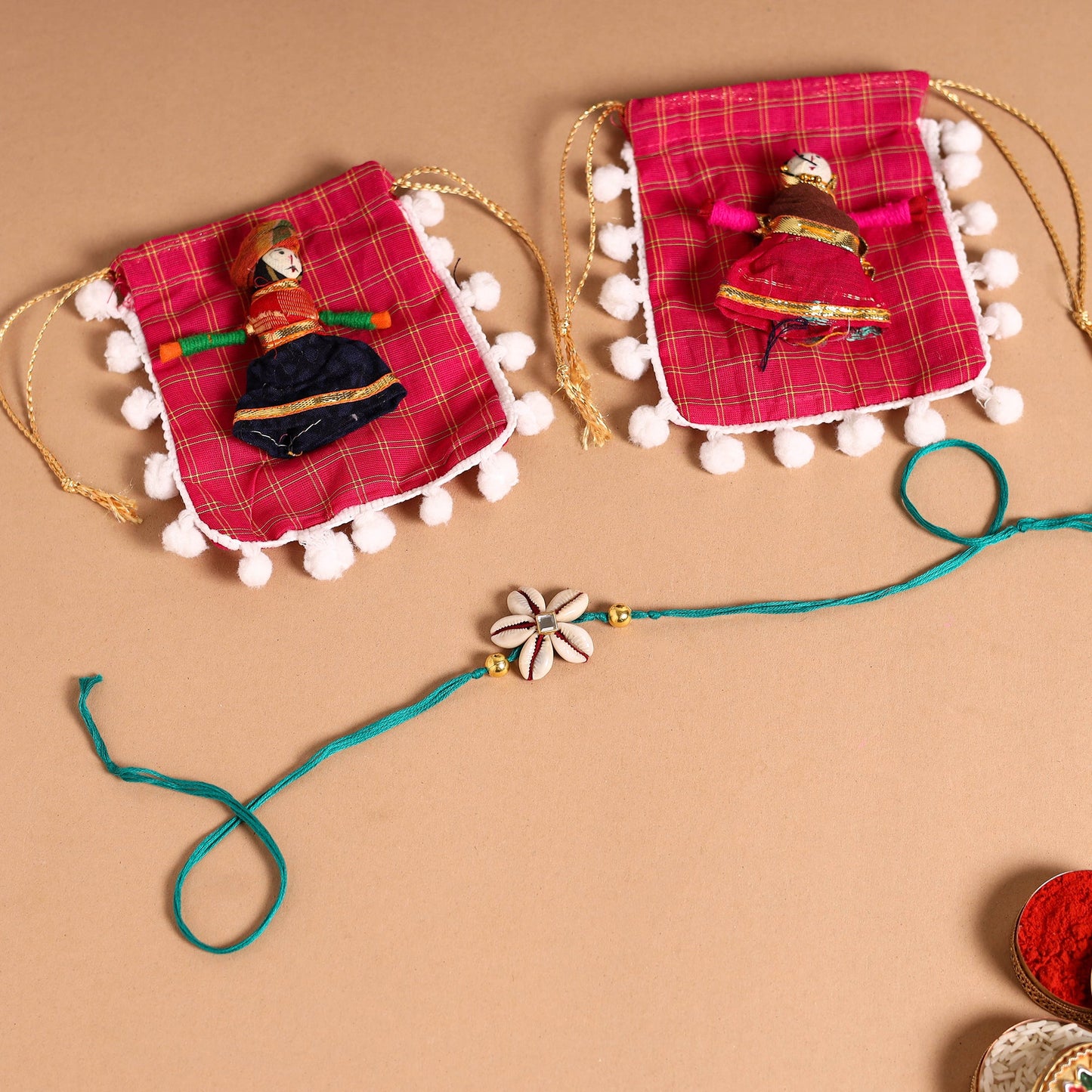 Handmade Shell & Bead Work Rakhi & Lumba Set