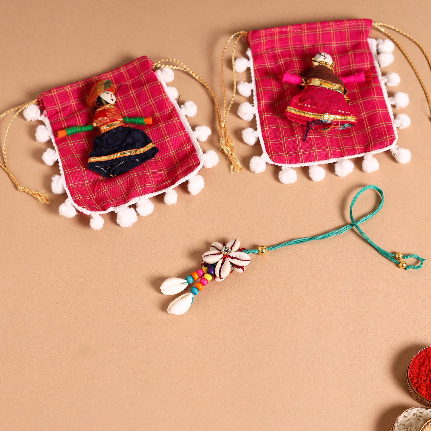 Handmade Shell & Bead Work Rakhi & Lumba Set