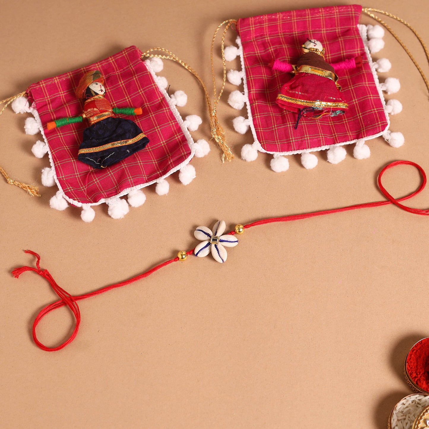 Handmade Shell & Bead Work Rakhi & Lumba Set