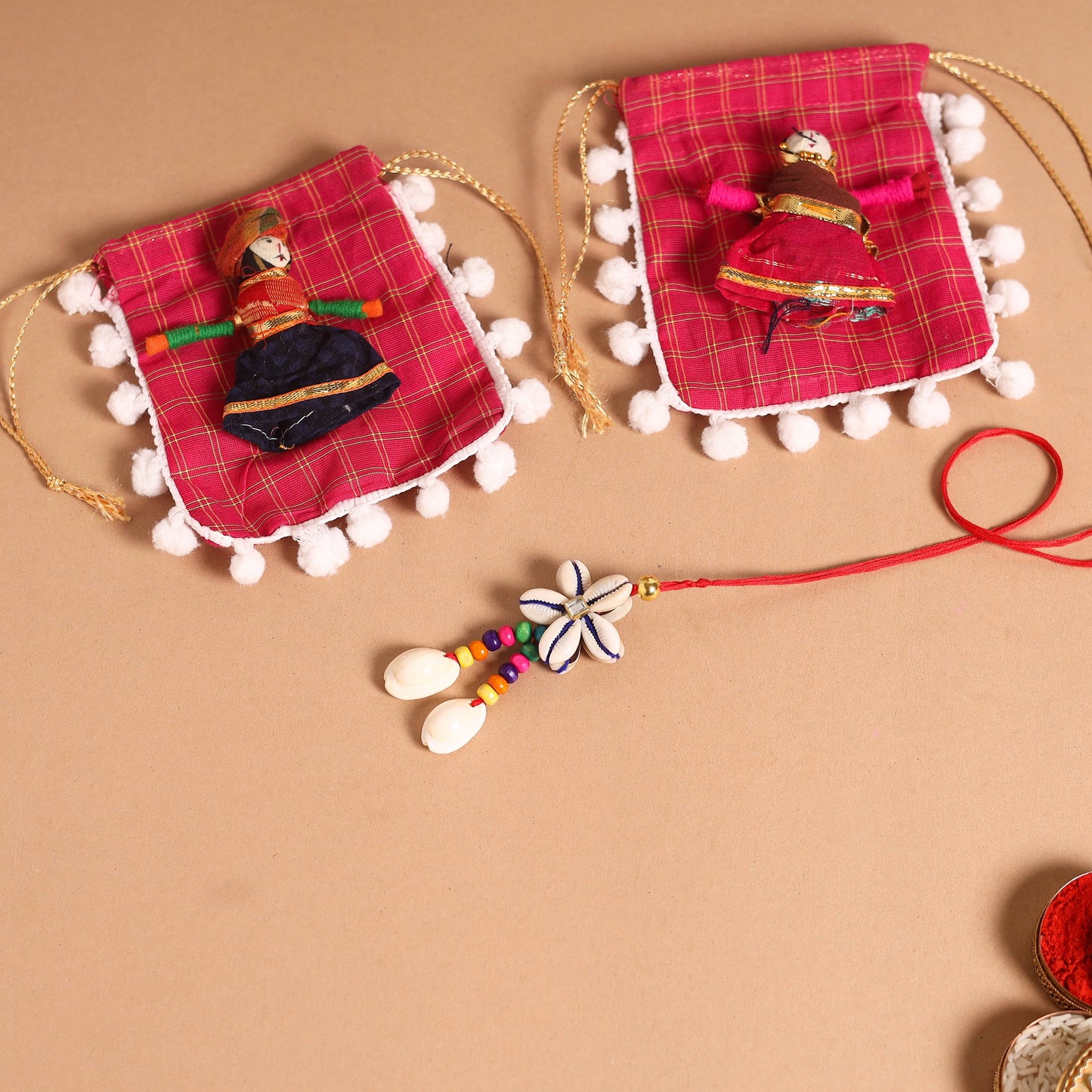 Handmade Shell & Bead Work Rakhi & Lumba Set