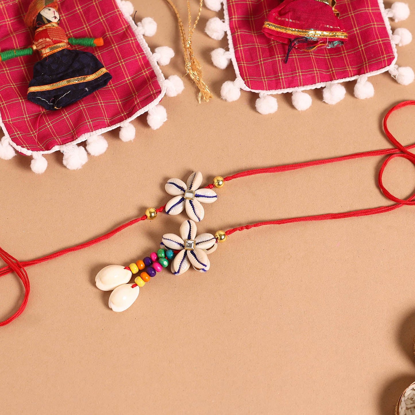 Handmade Shell & Bead Work Rakhi & Lumba Set