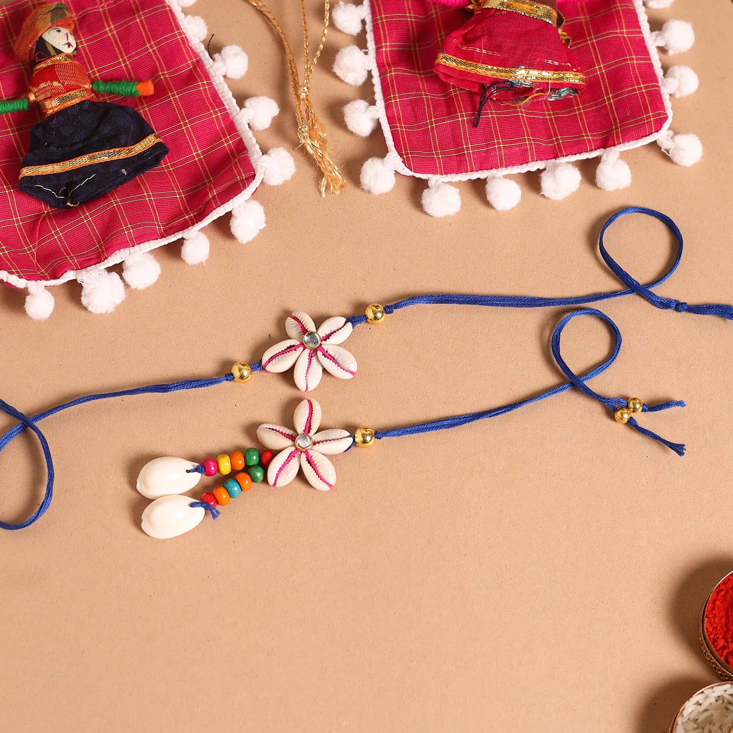 Handmade Shell & Bead Work Rakhi & Lumba Set