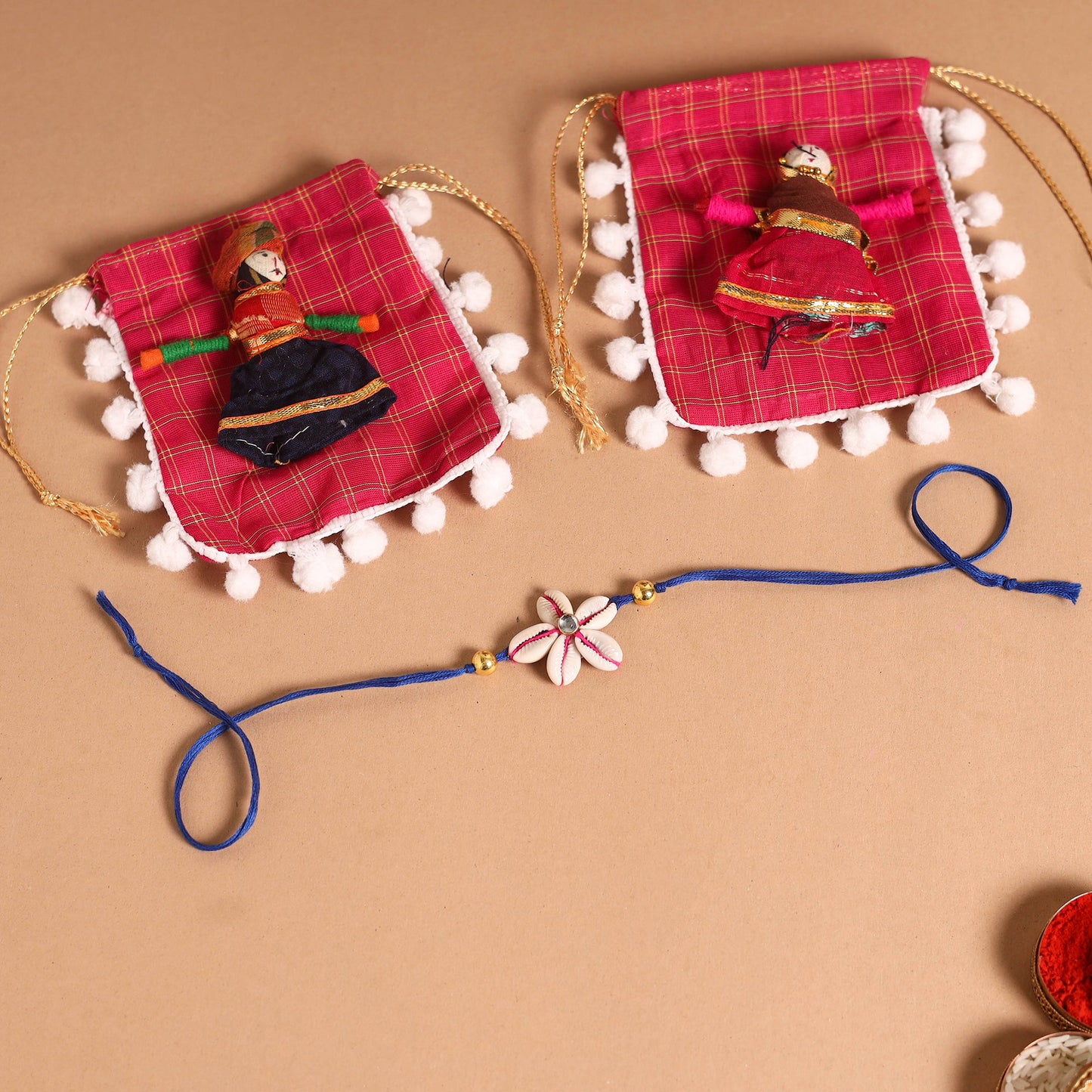 Handmade Shell & Bead Work Rakhi & Lumba Set