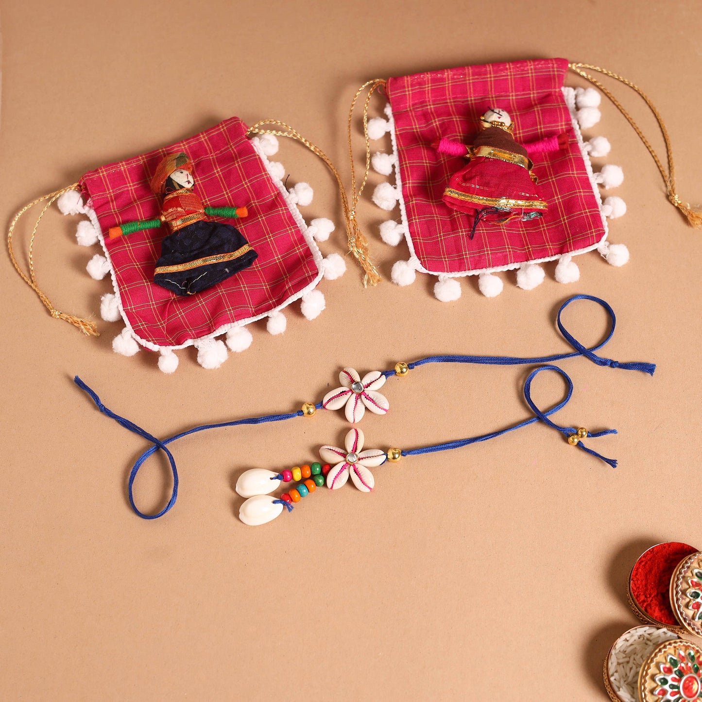 Handmade Shell & Bead Work Rakhi & Lumba Set