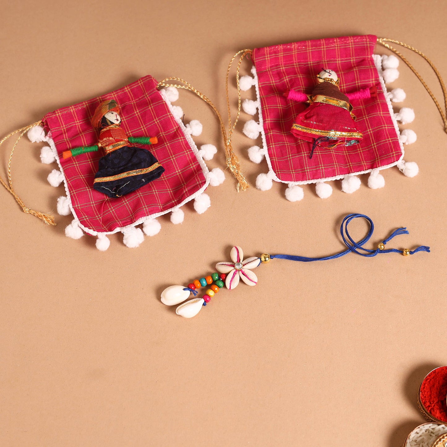 Handmade Shell & Bead Work Rakhi & Lumba Set