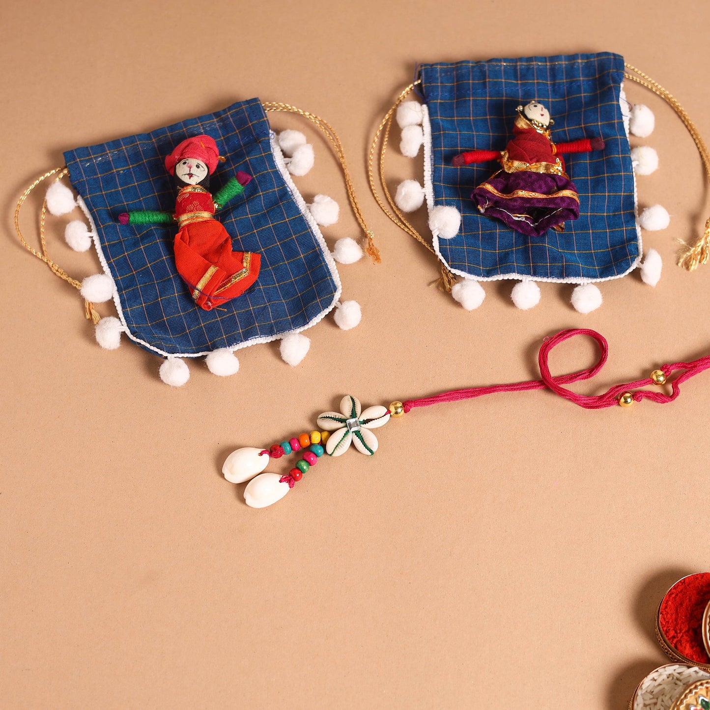 Handmade Shell & Bead Work Rakhi & Lumba Set