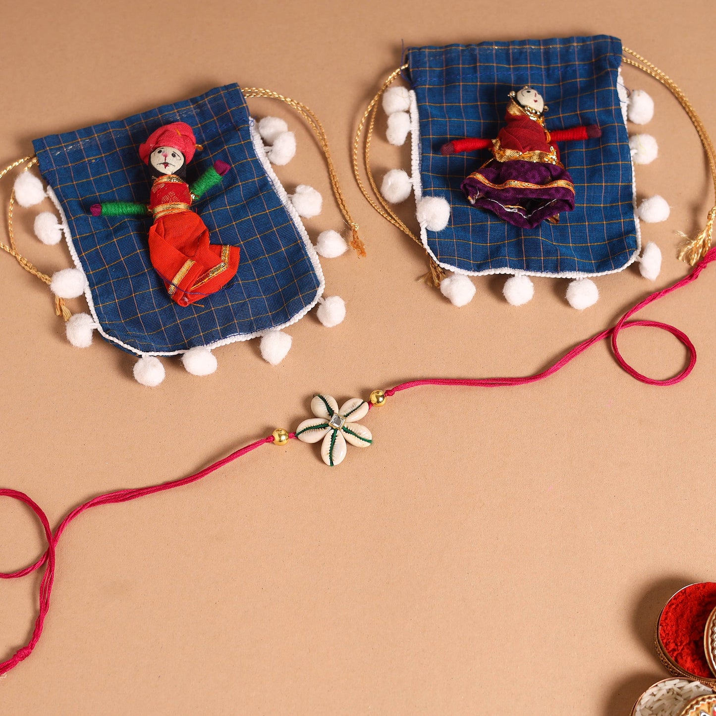 Handmade Shell & Bead Work Rakhi & Lumba Set