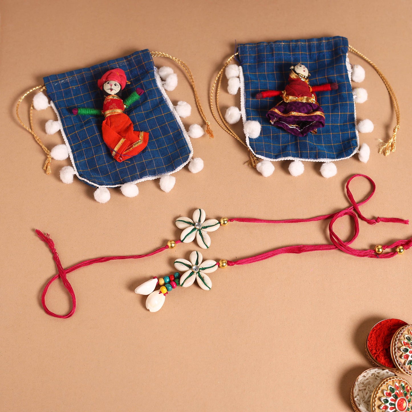 Handmade Shell & Bead Work Rakhi & Lumba Set
