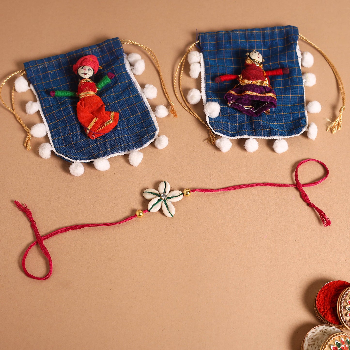 Handmade Shell & Bead Work Rakhi & Lumba Set