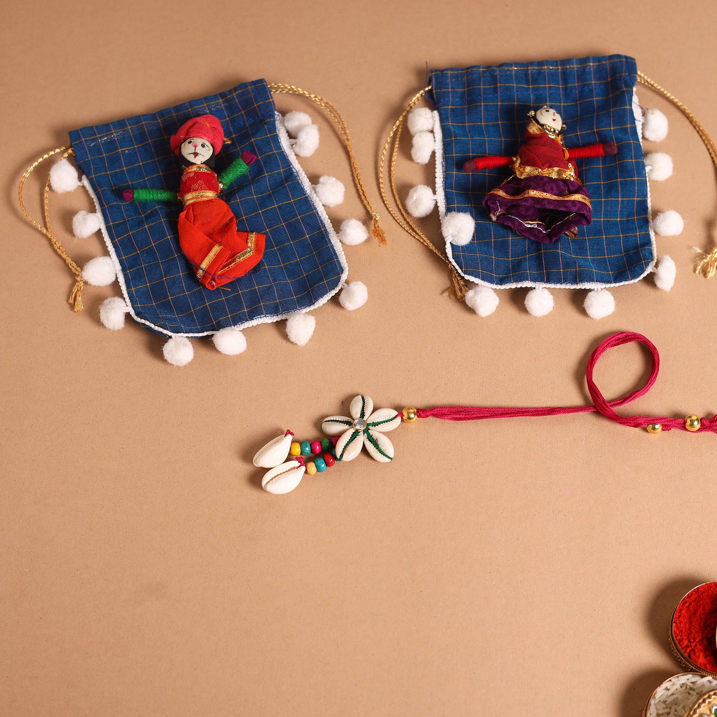 Handmade Shell & Bead Work Rakhi & Lumba Set
