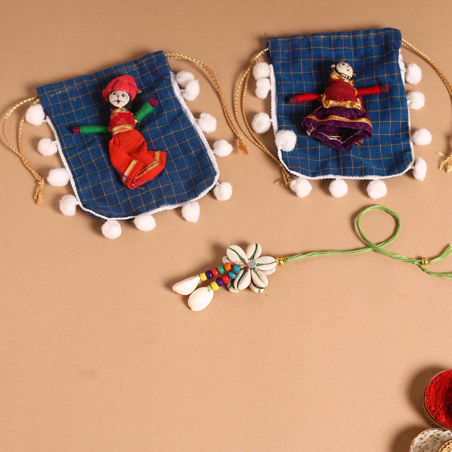 Handmade Shell & Bead Work Rakhi & Lumba Set