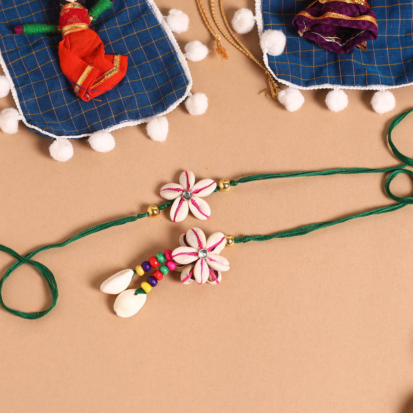 Handmade Shell & Bead Work Rakhi & Lumba Set