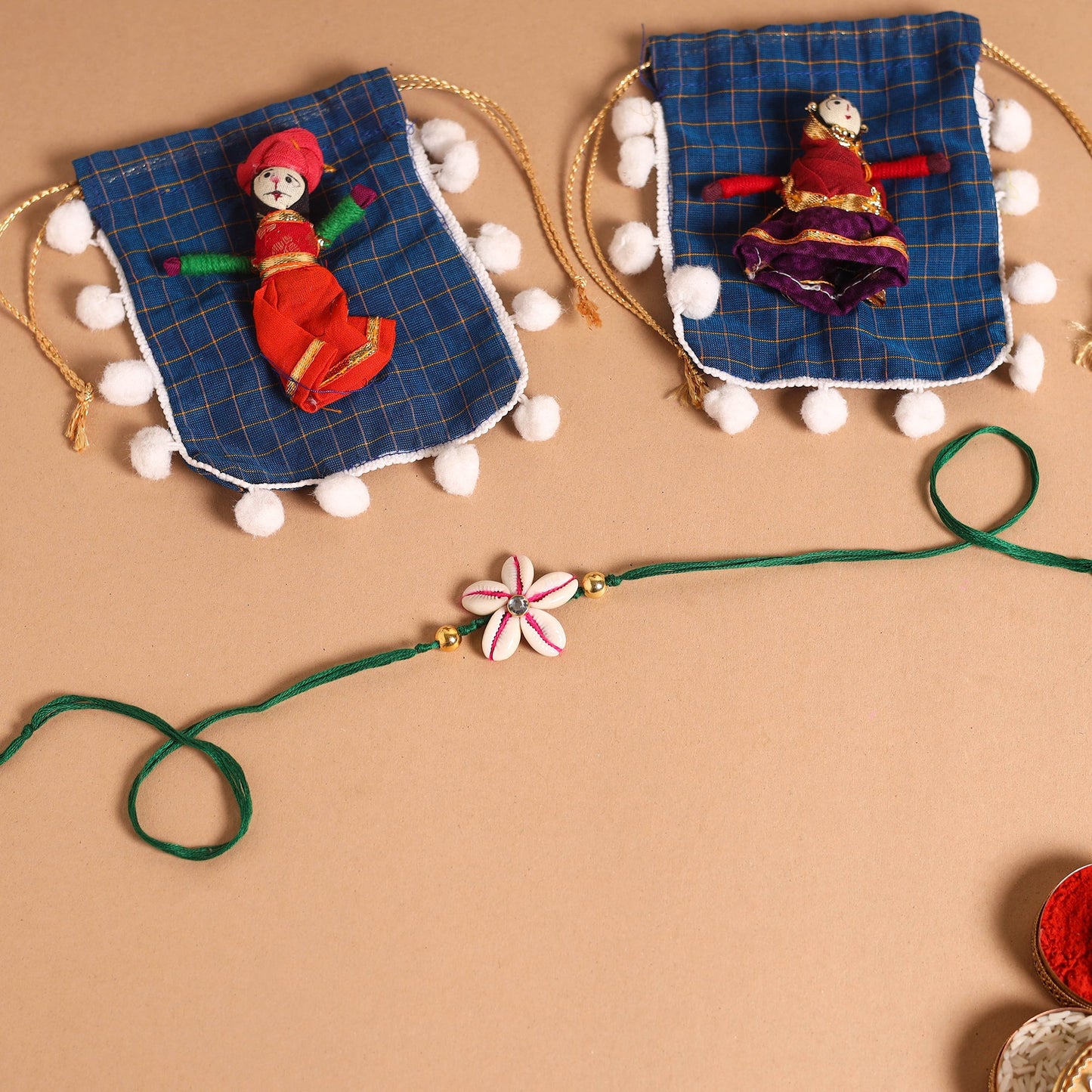 Handmade Shell & Bead Work Rakhi & Lumba Set