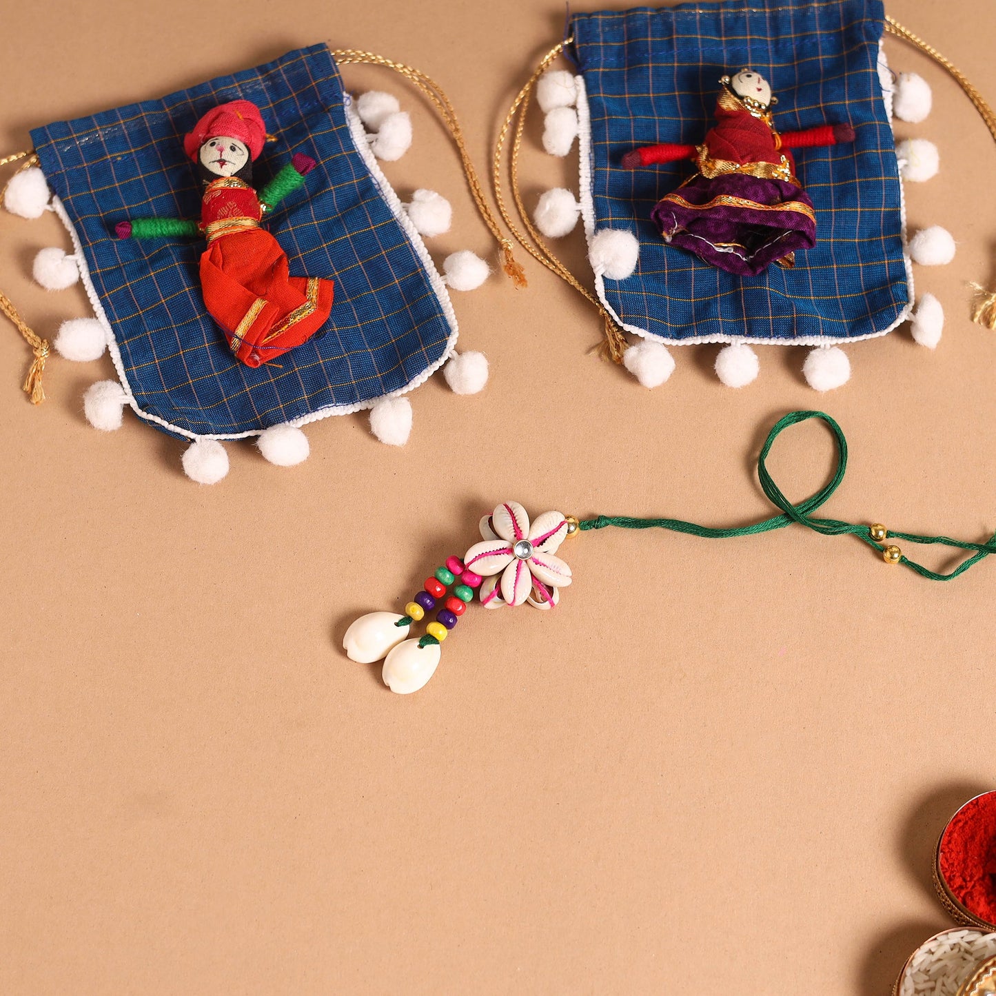 Handmade Shell & Bead Work Rakhi & Lumba Set