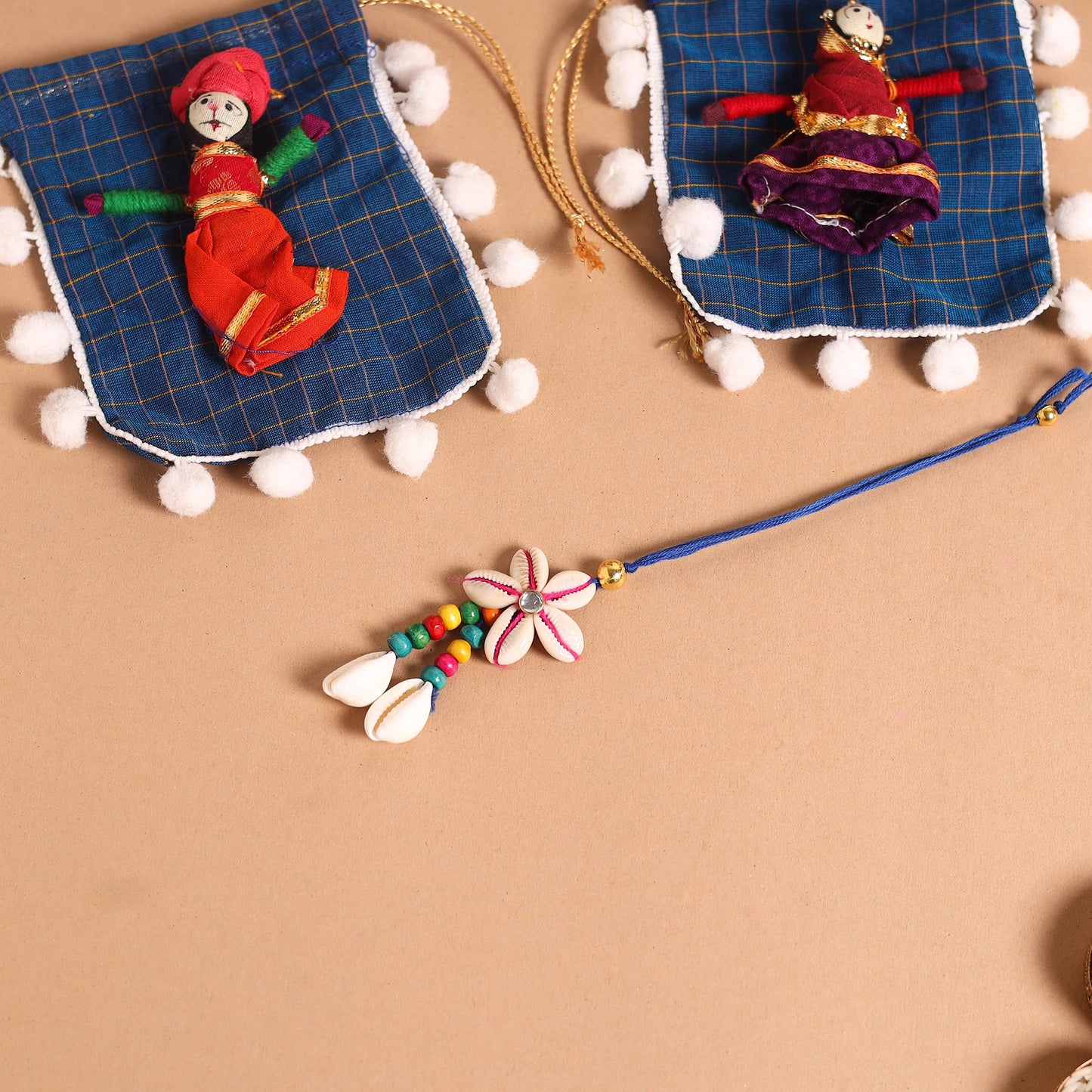 Handmade Shell & Bead Work Rakhi & Lumba Set