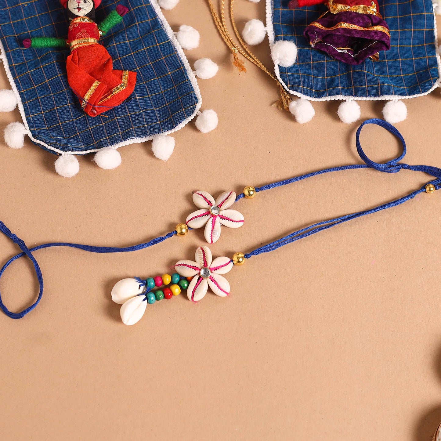 Handmade Shell & Bead Work Rakhi & Lumba Set