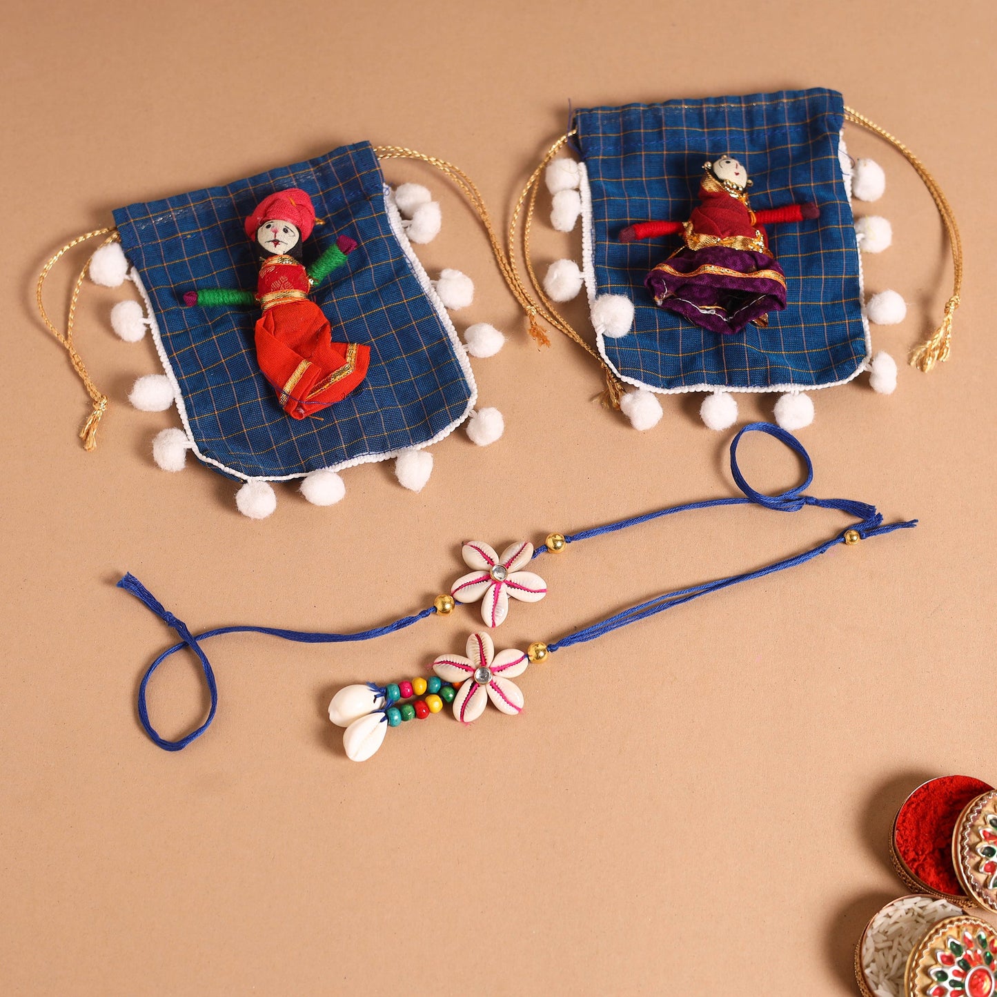 Handmade Shell & Bead Work Rakhi & Lumba Set