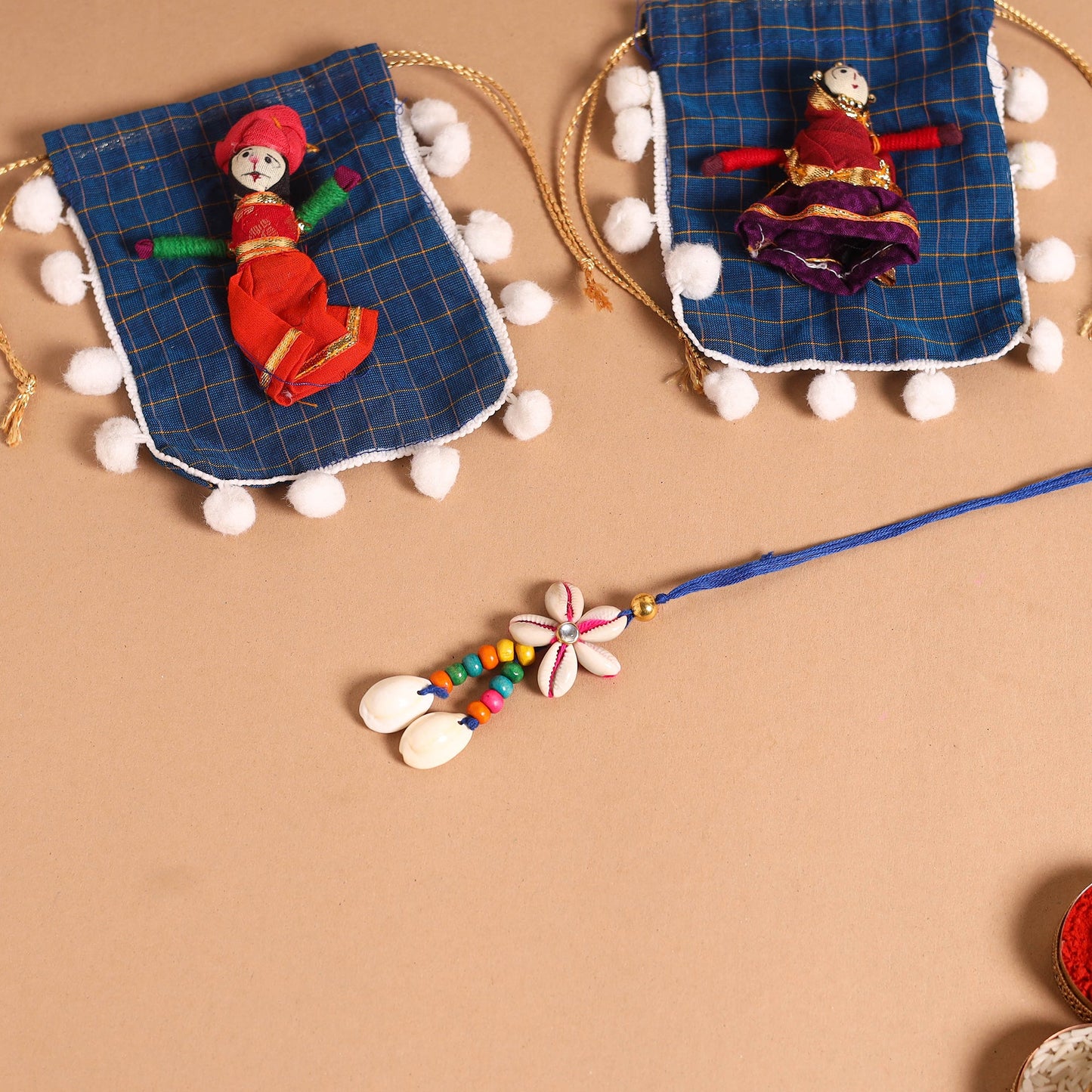 Handmade Shell & Bead Work Rakhi & Lumba Set