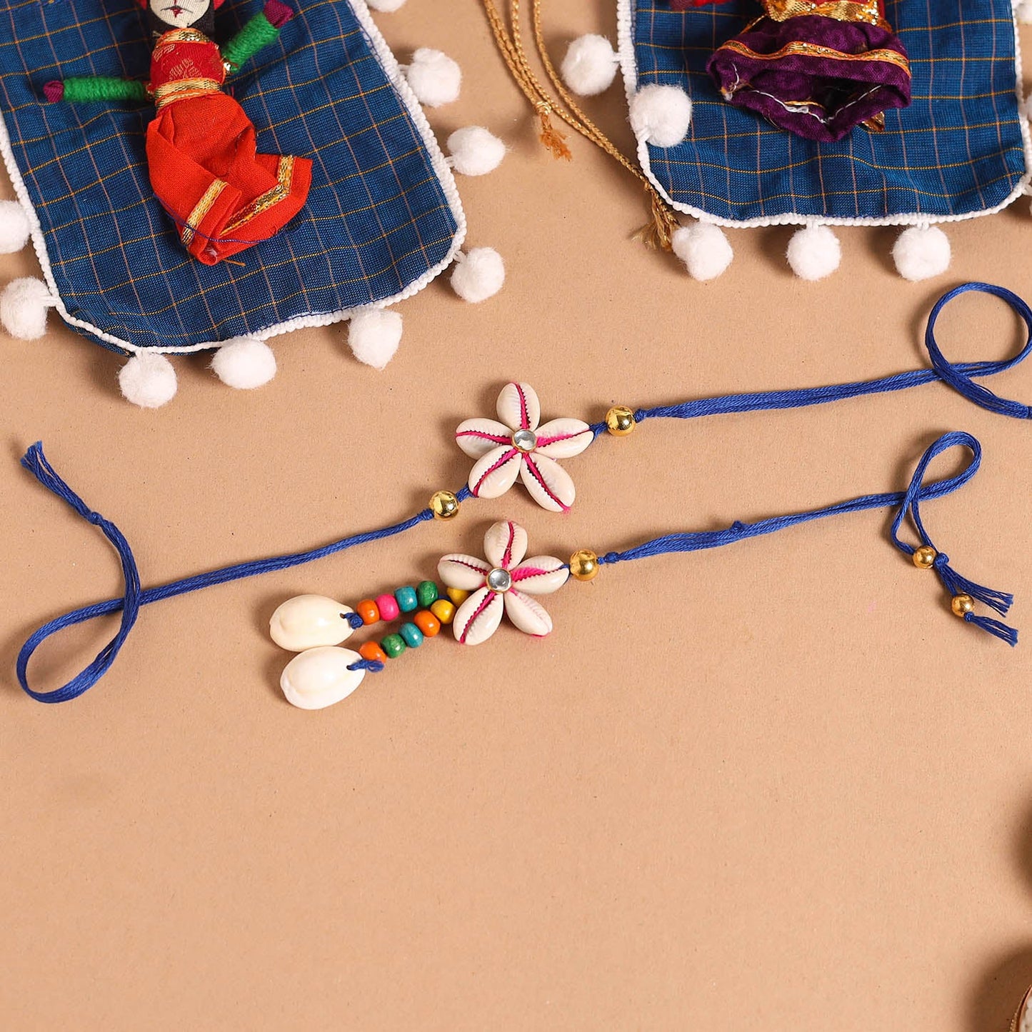 Handmade Shell & Bead Work Rakhi & Lumba Set