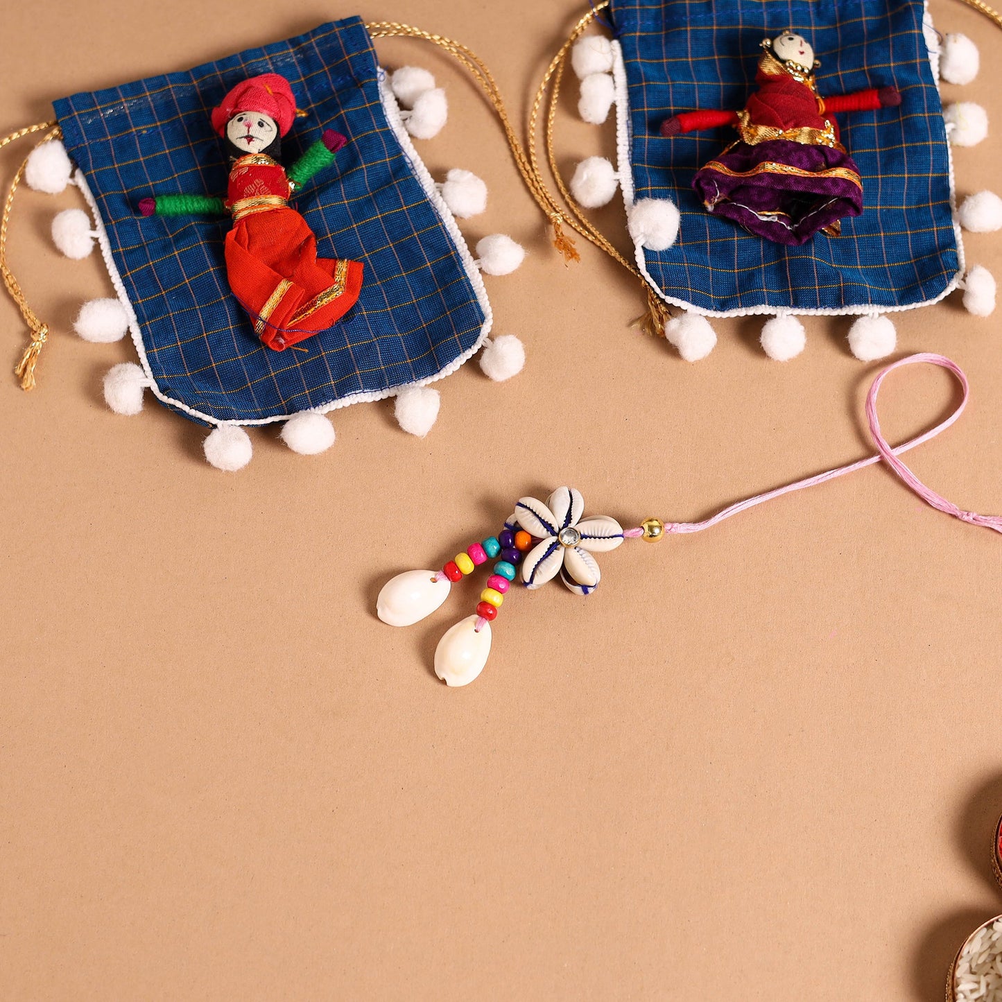 Handmade Shell & Bead Work Rakhi & Lumba Set