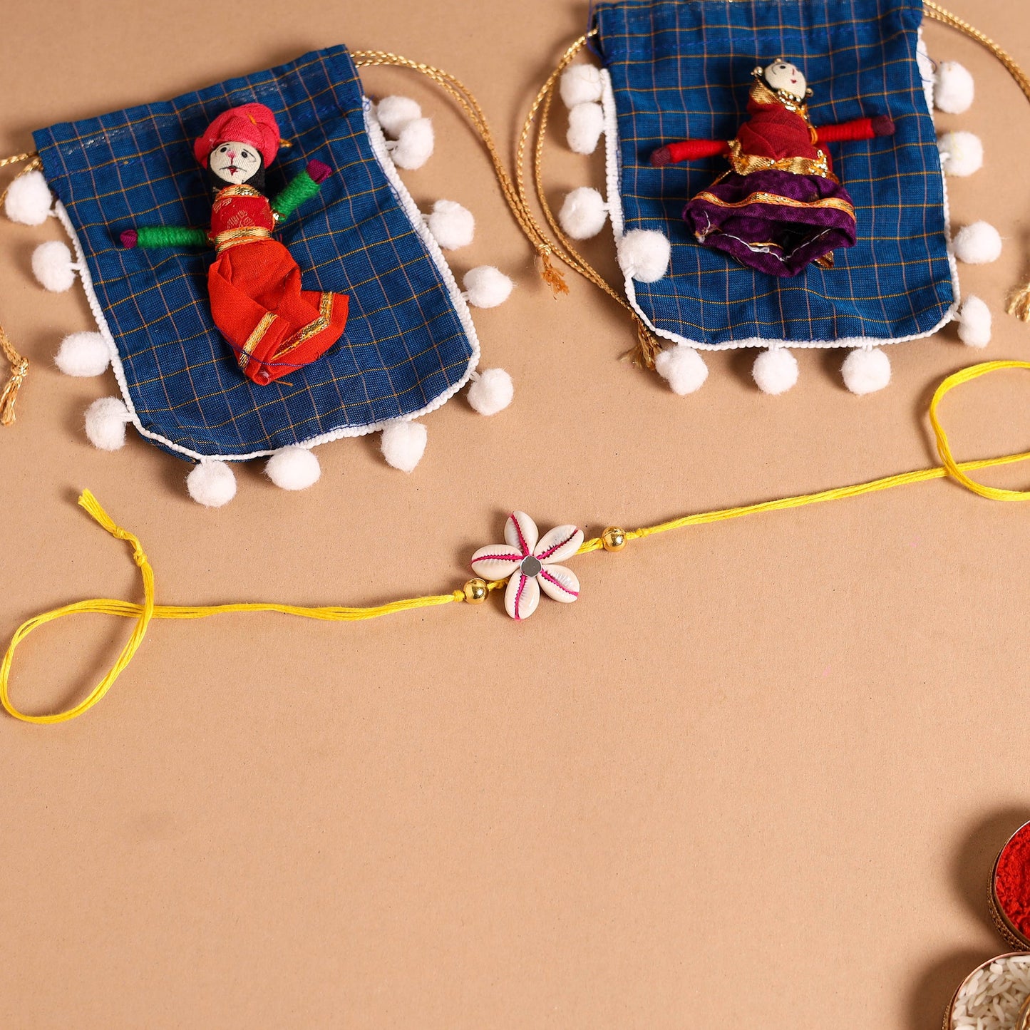 Handmade Shell & Bead Work Rakhi & Lumba Set