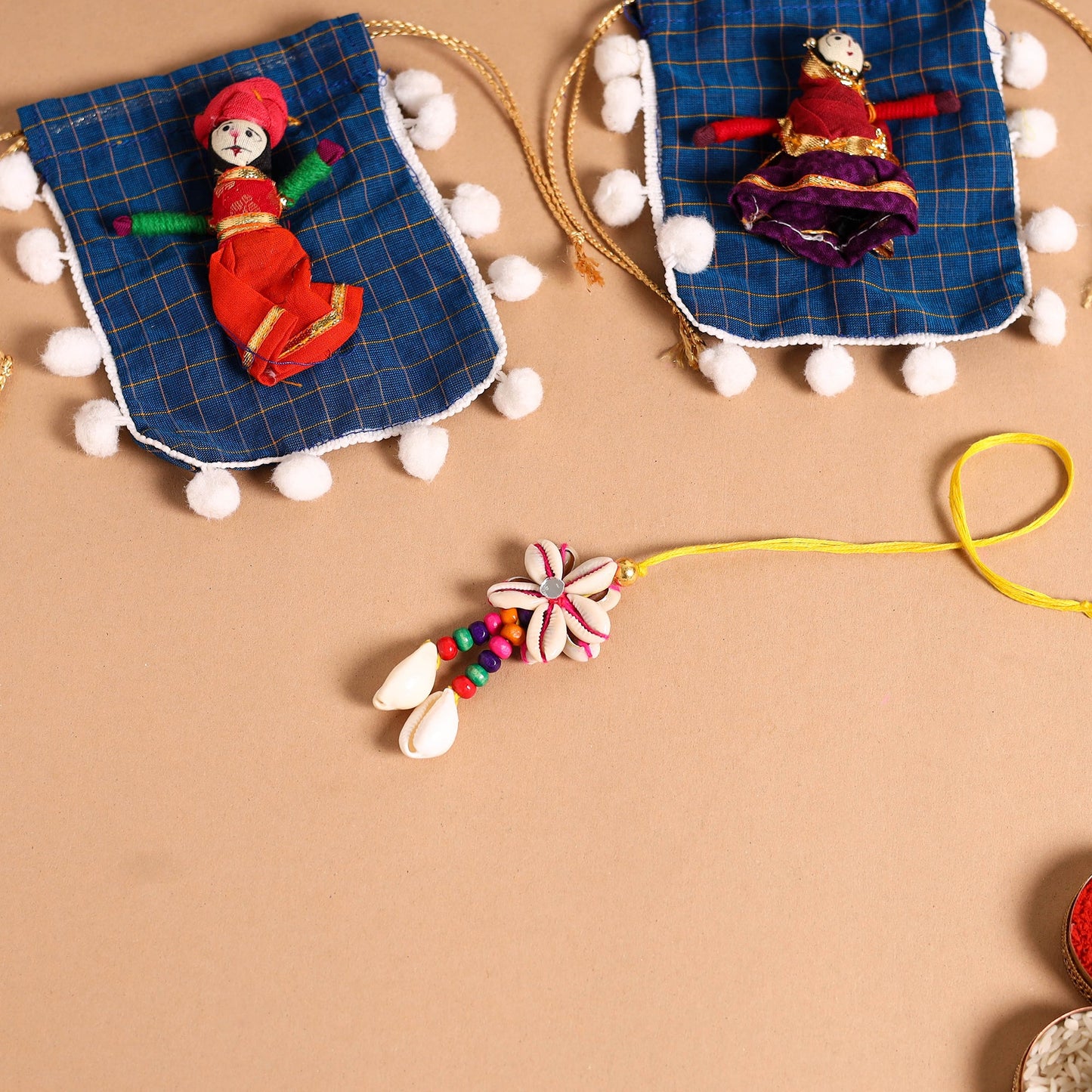 Handmade Shell & Bead Work Rakhi & Lumba Set
