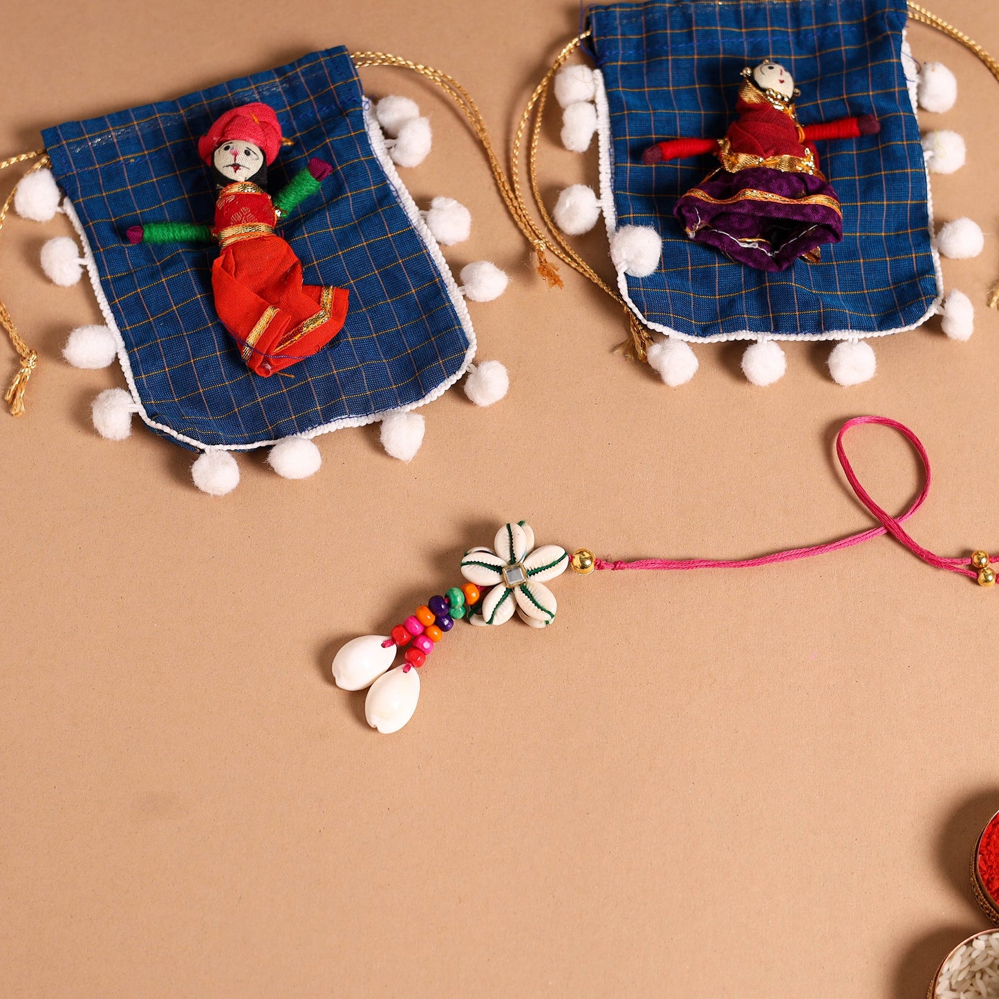 Handmade Shell & Bead Work Rakhi & Lumba Set
