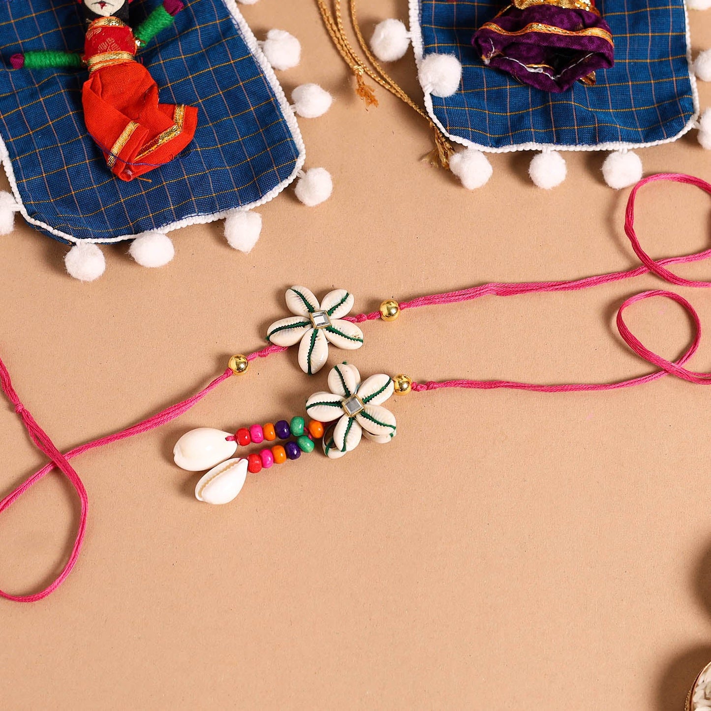 Handmade Shell & Bead Work Rakhi & Lumba Set