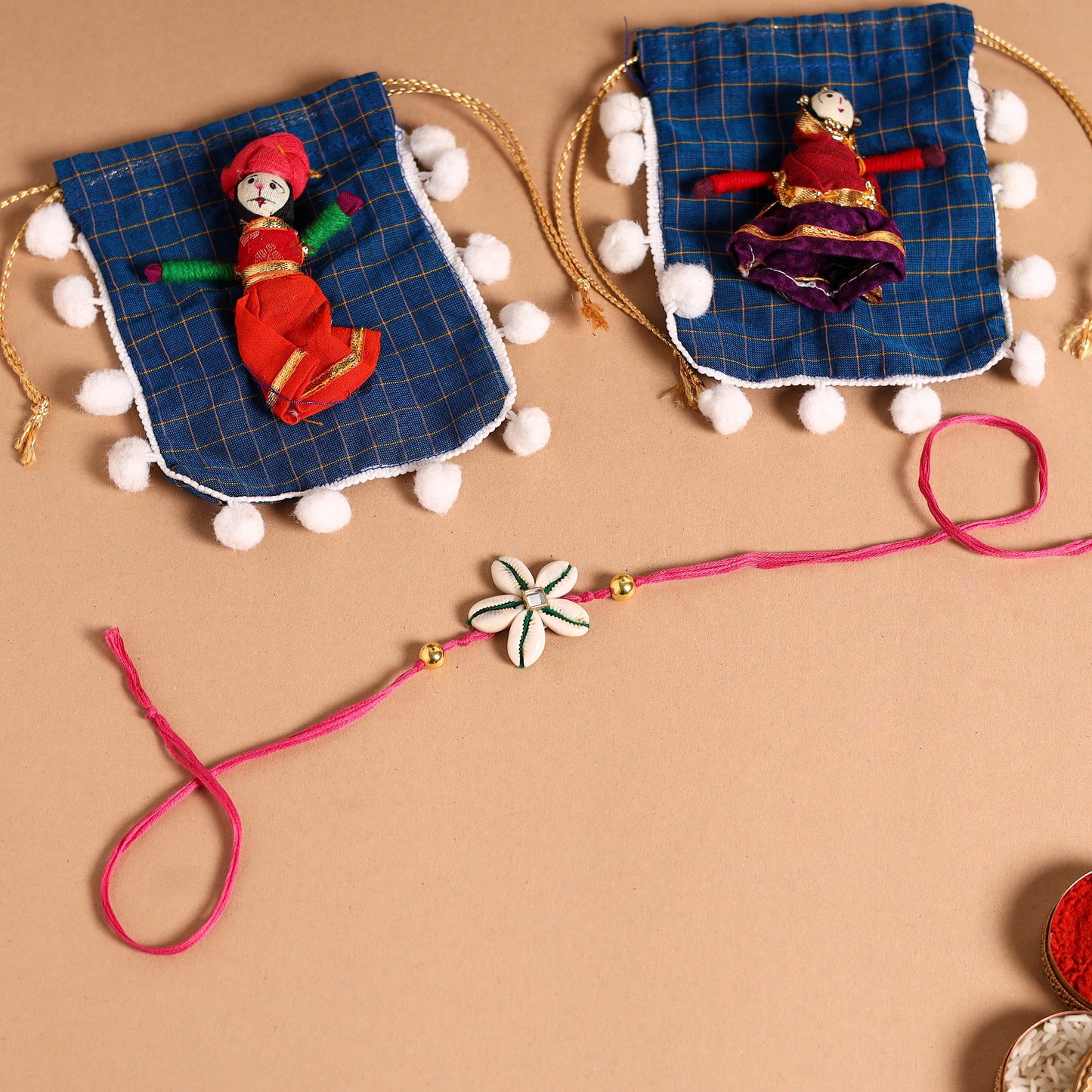 Handmade Shell & Bead Work Rakhi & Lumba Set