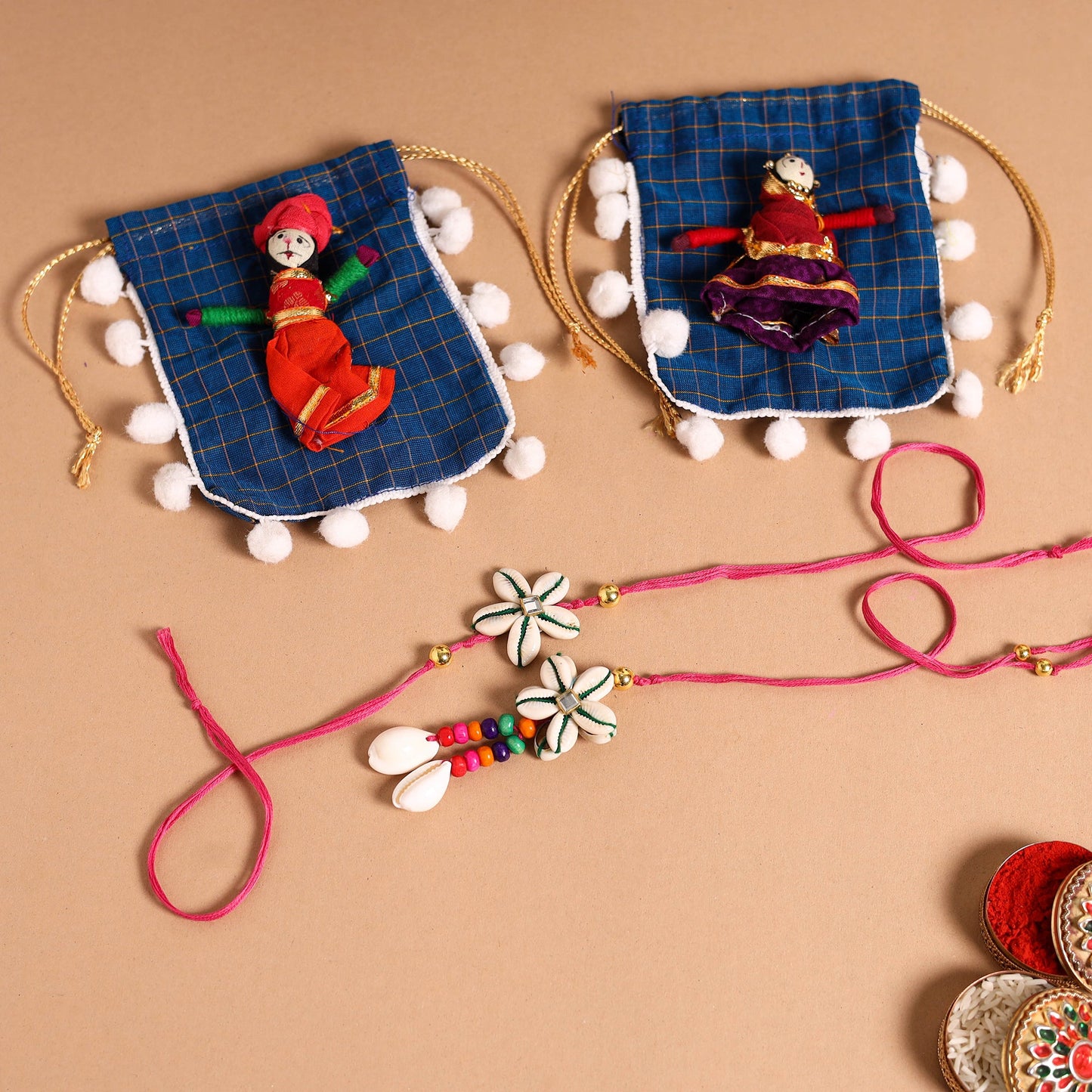Handmade Shell & Bead Work Rakhi & Lumba Set