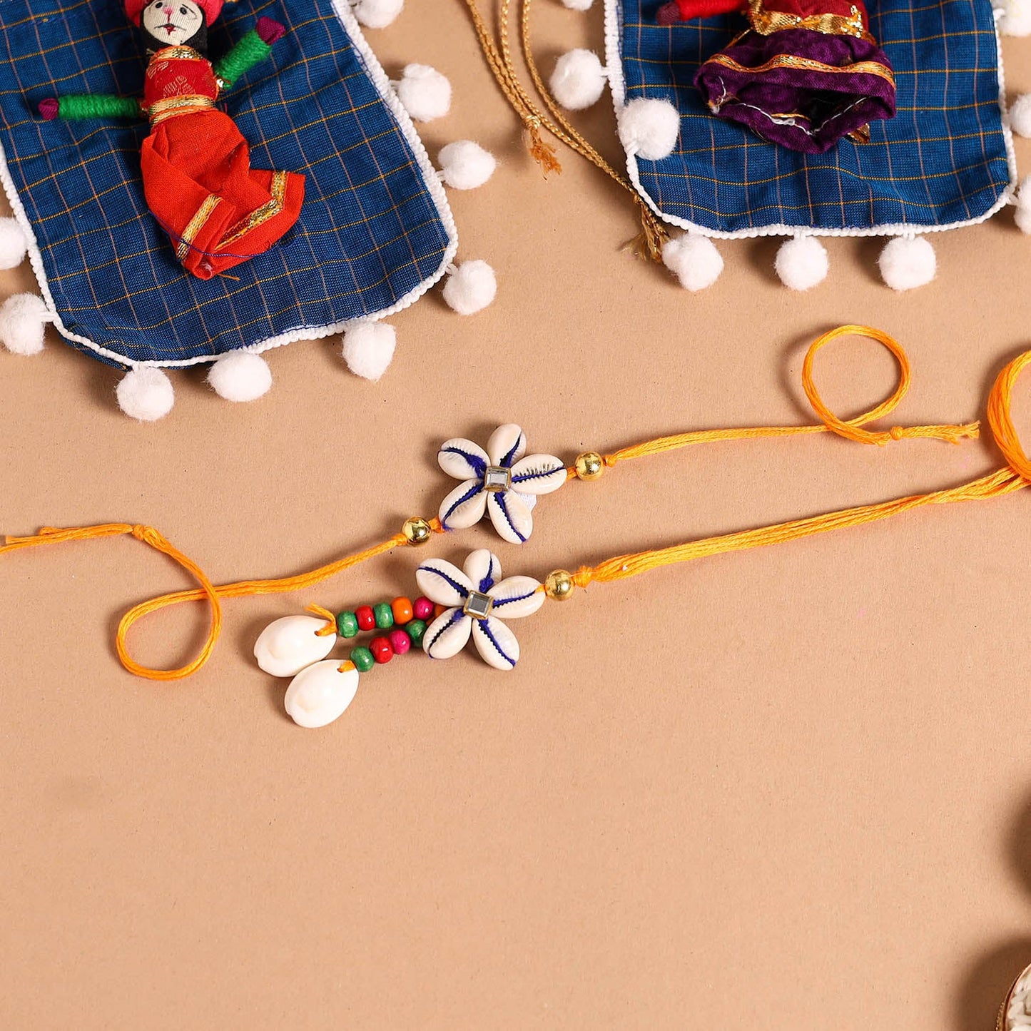 Handmade Shell & Bead Work Rakhi & Lumba Set