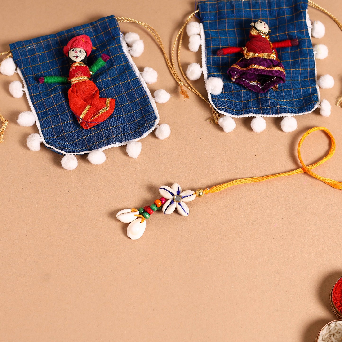 Handmade Shell & Bead Work Rakhi & Lumba Set